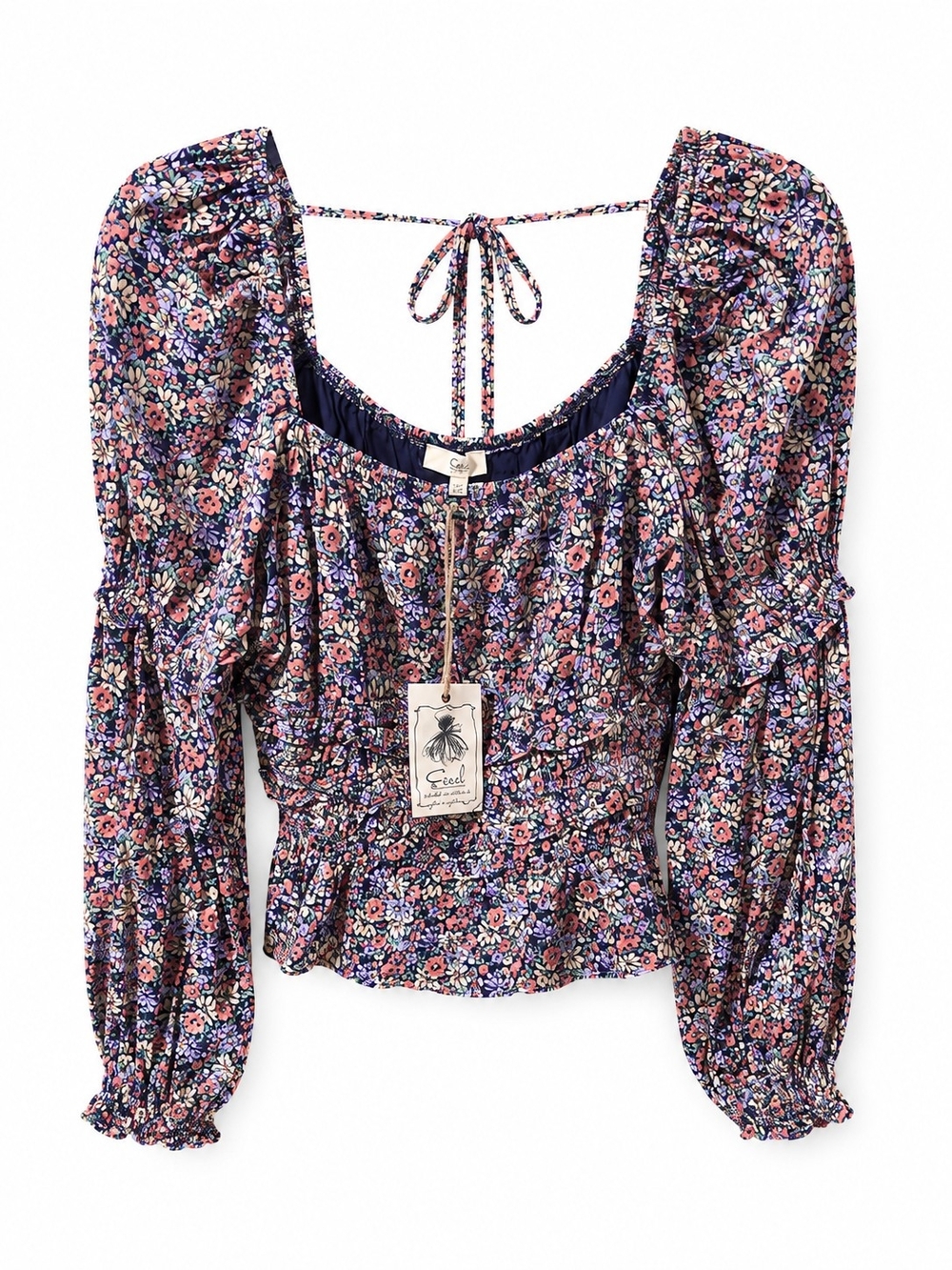 easel Navy Multicolor Floral Puff-Sleeve Smocked Waist Blouse